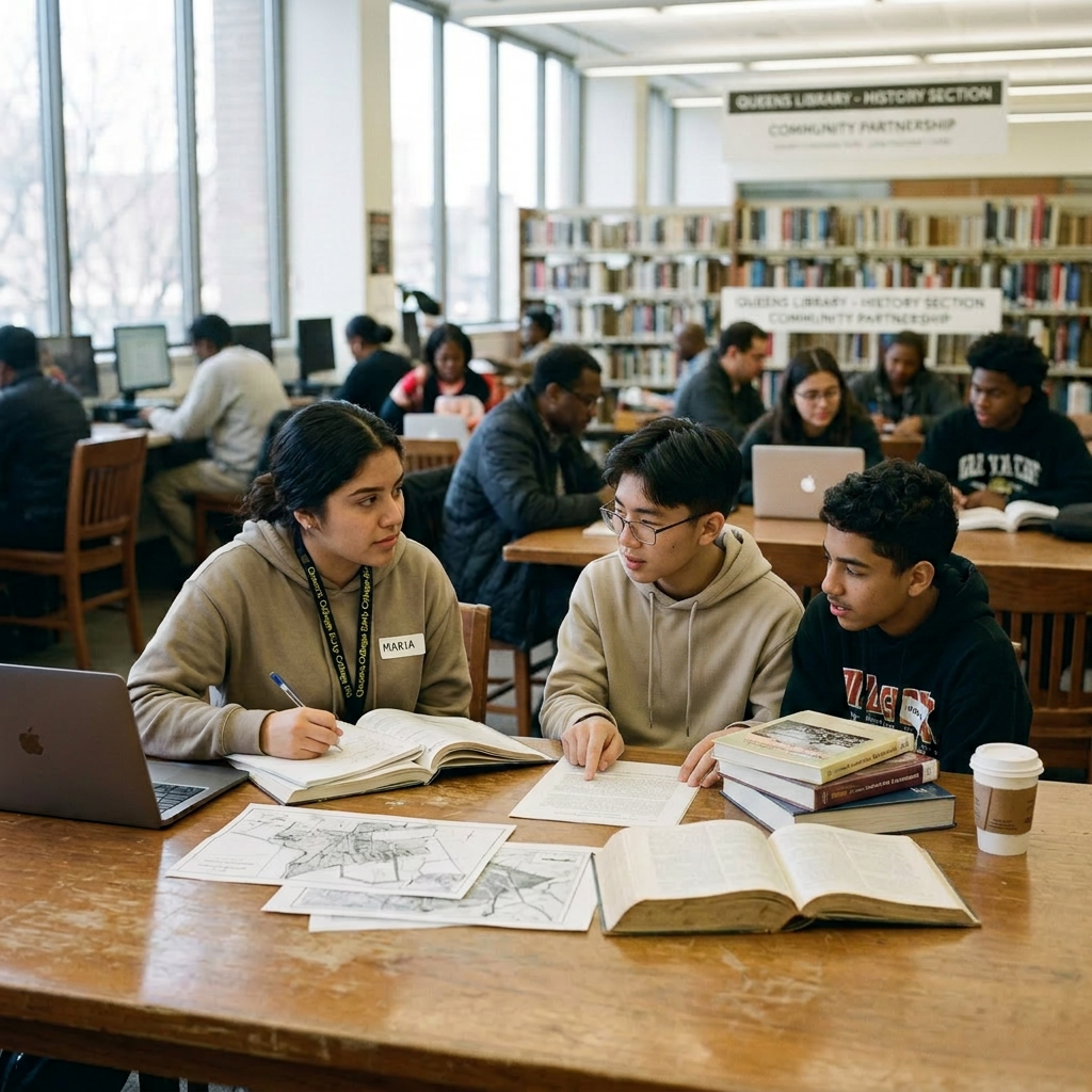 Student and older man studying history documents and maps at library table