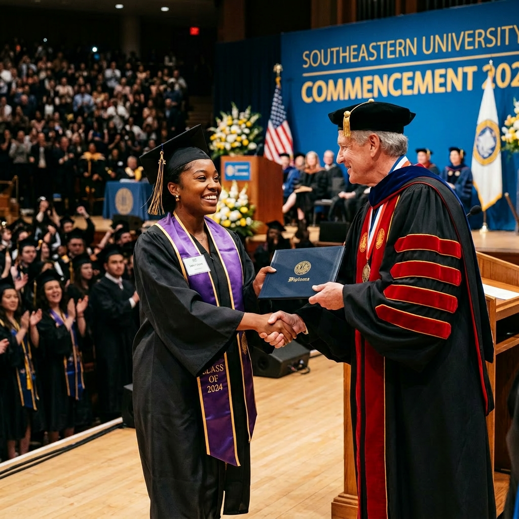 Graduate in cap and gown shaking hands with university official handing diploma