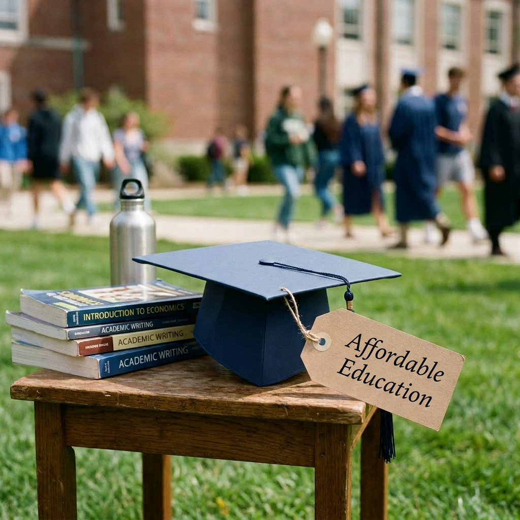 Graduation cap with price tag on wooden table near textbooks outdoors