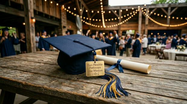Graduation cap with tassel tag reading 'Two Flexible Pathways One Mission' and diploma tied with ribbon