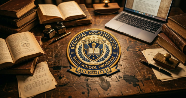 Embroidered regional accreditation patch on navy blazer with text Knowledge & Integrity, High School Program, Accredited